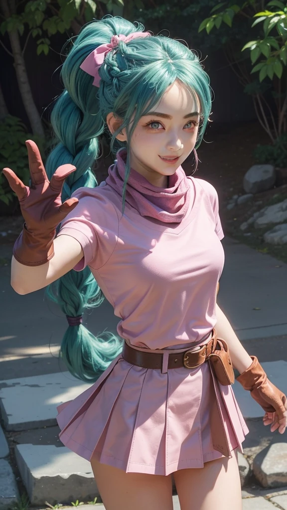 (masterpiece, best quality:1.4), (full body:1.5), (dynamic pose:1.2), (standing:1.5), 1girl, solo, looking at viewer, beautifull smile, big smile, (european youth:1), dragon ball, blmpony, (aqua hair:1), hair ribbon, braided ponytail, pink shirt, belt, scarf, pink skirt, clothes writing, brown gloves, medium breasts, solo, beautiful face, highly detailed face, highly detailed skin, highly detailed eyes, skin pores, subsurface scattering, realistic pupils, medium breast, full face blush, full lips, detailed background, depth of field, volumetric lighting, sharp focus, absurdres, realistic proportions, good anatomy, (realistic, hyperrealistic:1.4), 16k hdr,