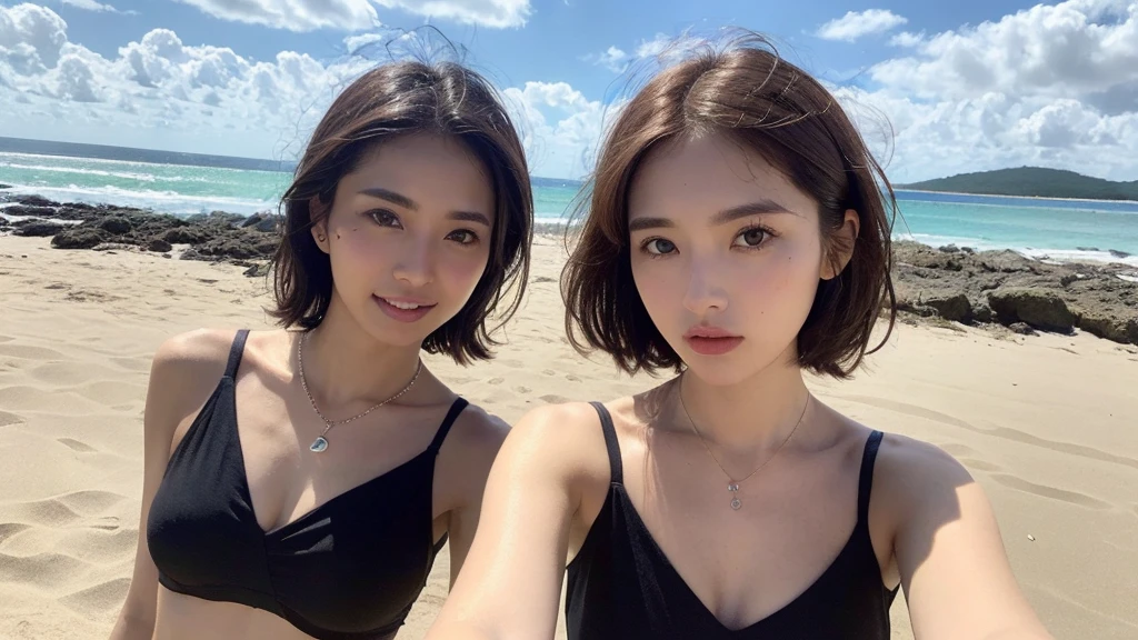 ((Photorealistic Lighting、Highest quality、8K、masterpiece:1.3))、Clear focus:1.2、Browsing Caution (New South Wales) (New South Wales) (New South Wales):1.2,(:1.2)、((Realistic)) , ((Real Light、Highest quality))、Model Body Type:1.4、(Dark brown hair、Proudly:1.2)、short hair、setting、Buckshot、(Age 25:1.3)、Highly detailed face、Detailed eyes、double eyelid、necklace、Wristband、Eyeliner、Colorful Bikinis、 (big), (Black Dress), (Seaside,Beach,Sandy Beach,drink alcohol)