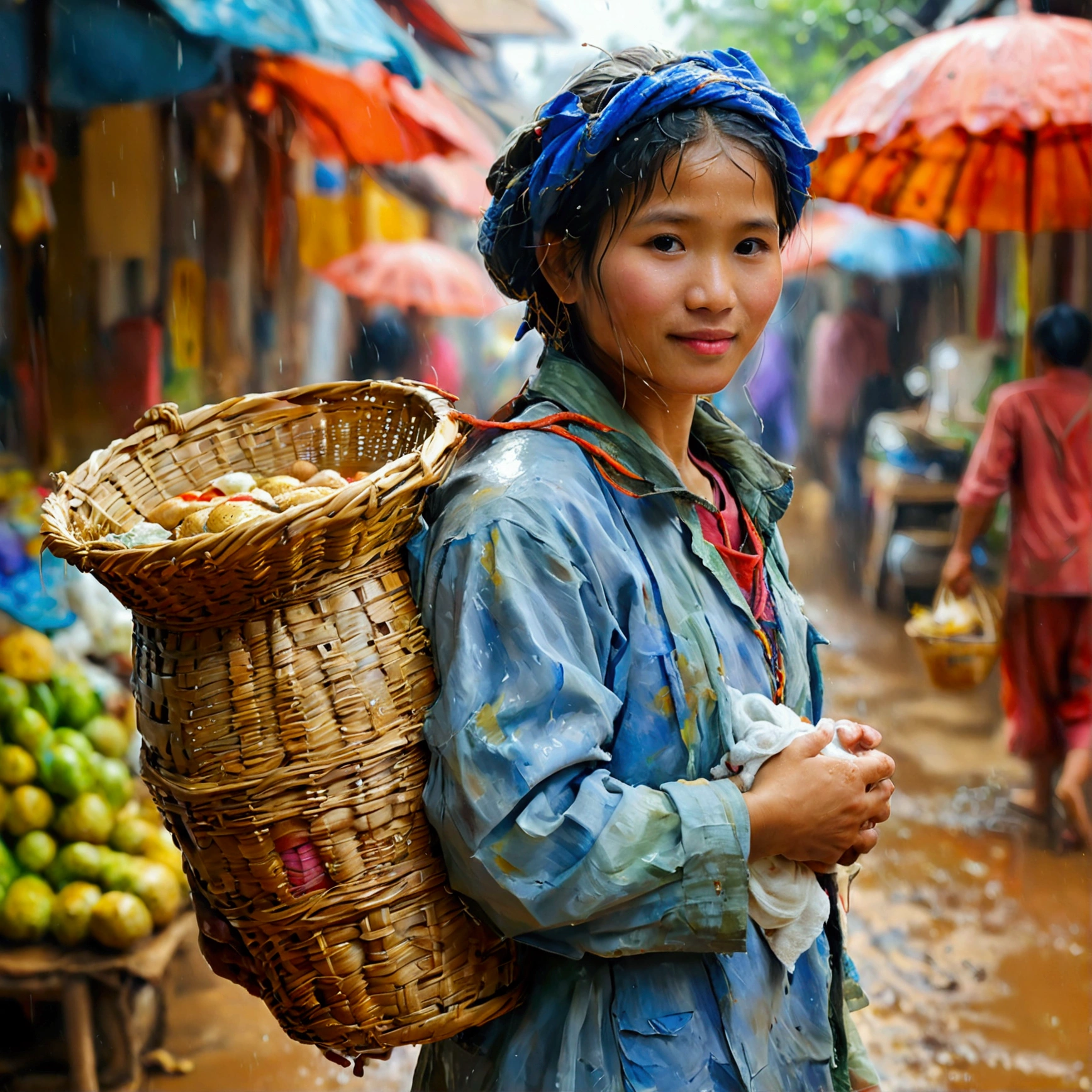 A market seller carries a market basket.Holding the baby by the hand၊ it returned, RAIN SEASON, best composition,  oil painting white background masterpiece, dough painting.