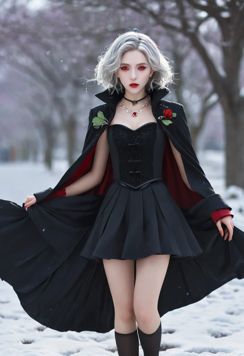 {{masterpiece}},best quality,Very detailed,Extremely detailed CG unity 8k wallpaper,illustration, 1 Girl, Red Eyes, Wavy silver hair, Pointed ears, vampire, skirt, necklace, Flowering, snow, ice, whole body, shooting,High close-up, Very detailed,Center frame,Clear focus, Looking at the audience, Flowing hair,