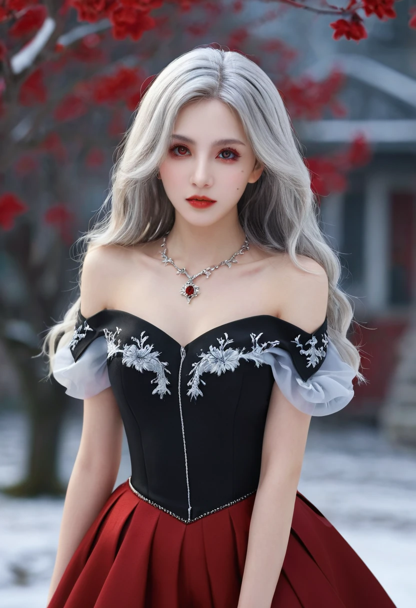 {{masterpiece}},best quality,Very detailed,Extremely detailed CG unity 8k wallpaper,illustration, 1 Girl, Red Eyes, Wavy silver hair, Pointed ears, vampire, skirt, necklace, Flowering, snow, ice, whole body, shooting,High close-up, Very detailed,Center frame,Clear focus, Looking at the audience, Flowing hair,