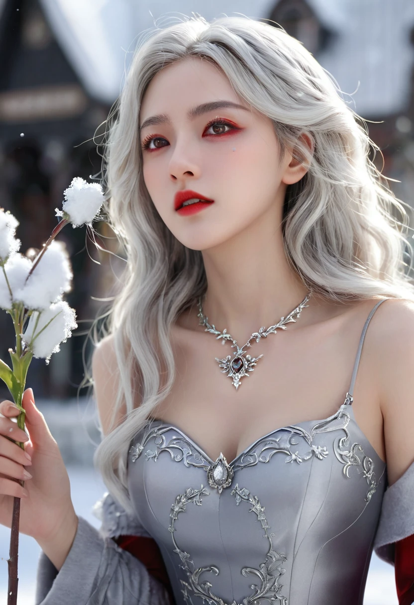 {{masterpiece}},best quality,Very detailed,Extremely detailed CG unity 8k wallpaper,illustration, 1 Girl, Red Eyes, Wavy silver hair, Pointed ears, vampire, skirt, necklace, Flowering, snow, ice, whole body, shooting,High close-up, Very detailed,Center frame,Clear focus, Looking at the audience, Flowing hair,