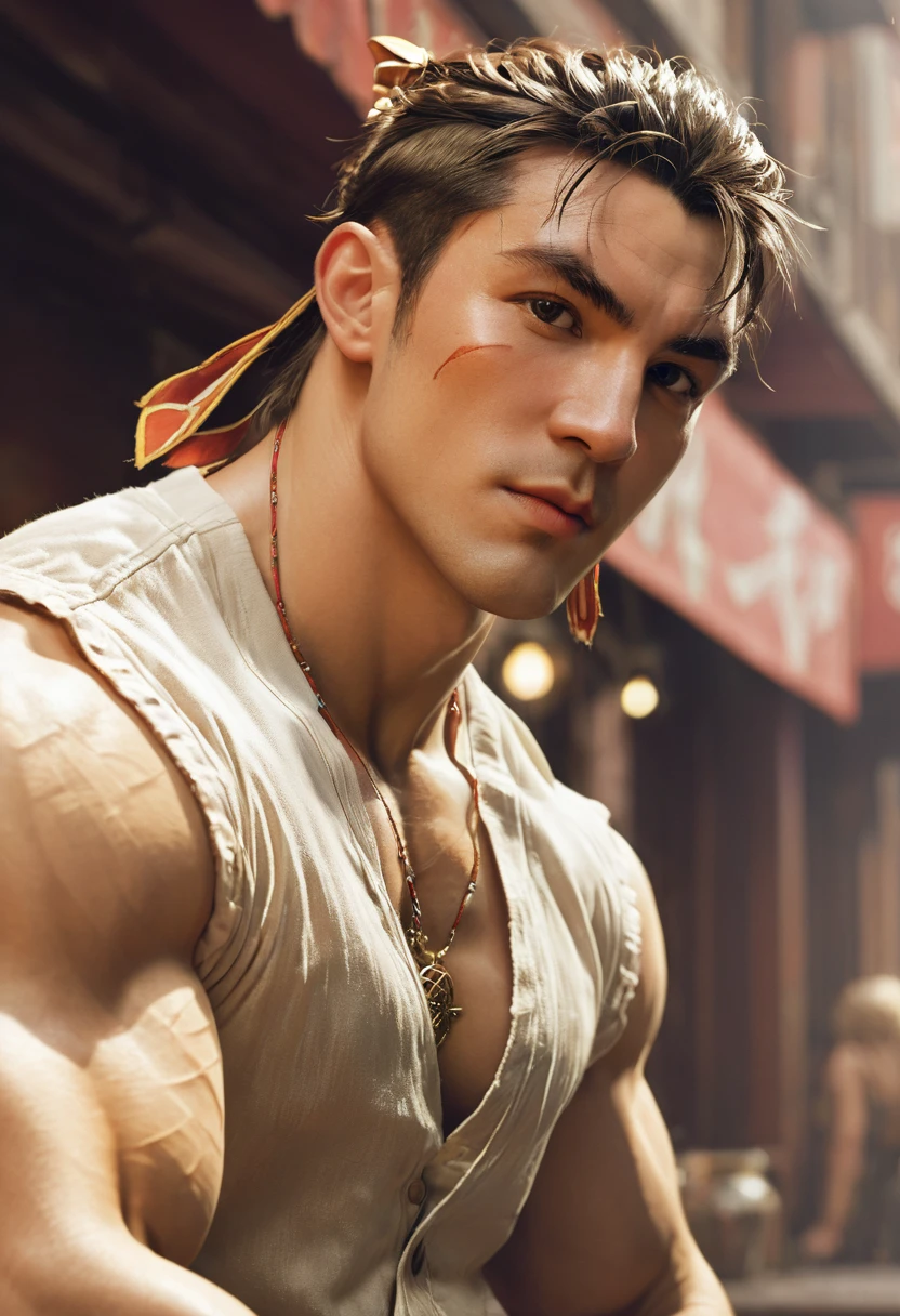 portrait (sks people) Good mood, Street Fighter, attractive male, character design, dynamic lighting, cool and bright tint, Gaston Bussiere (Gaston Bussiere) of, craig mullins, J. c. leyendecker, 芬兰of汤姆