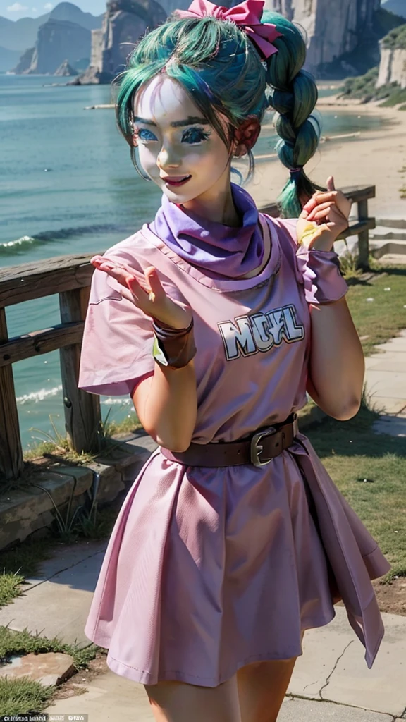masterpiece, Highest quality, High resolution, Dragon Ball, Bull Pony, Aqua Hair, Hair Ribbon, Braided Ponytail, Pink Shirt, belt, scarf, Pink Skirt, Clothes writing, Brown gloves, Medium chest, Outdoor, Cowboy Shot, wave hands, smile