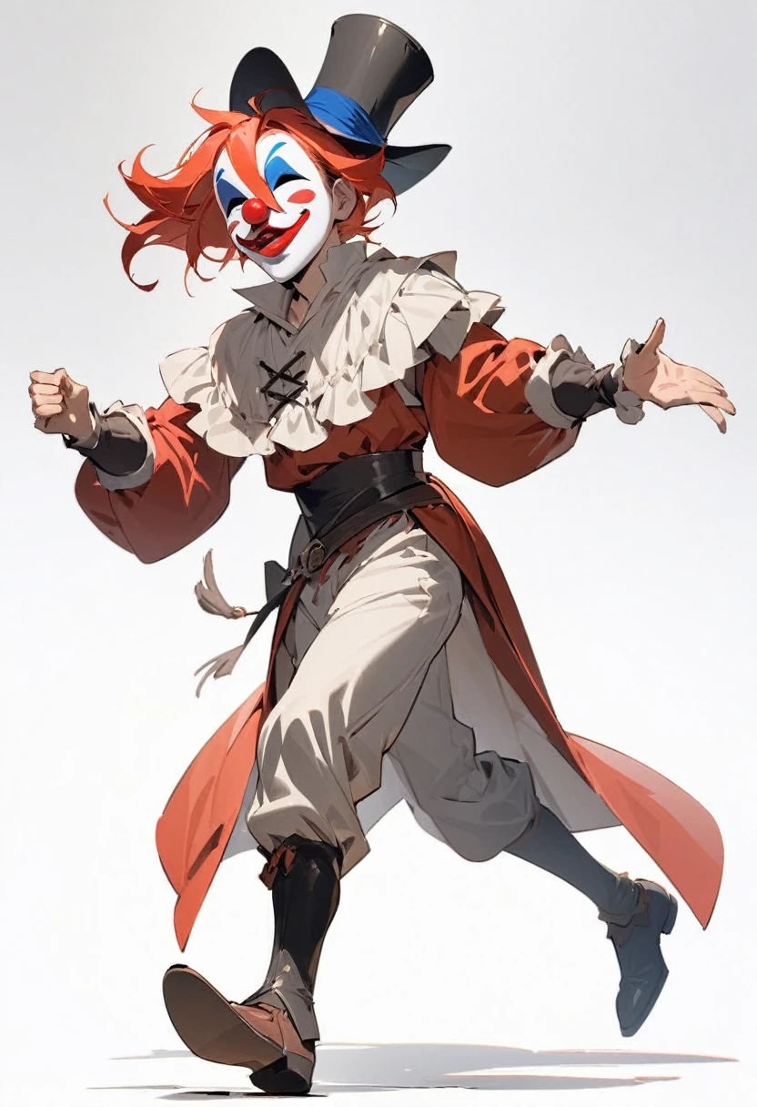 ({masterpiece}},{best quality,},white background,full body,middle Ages,1man,clown mask,Top Hat,Lively,Handsome,Lean,({masterpiece}},{best quality}