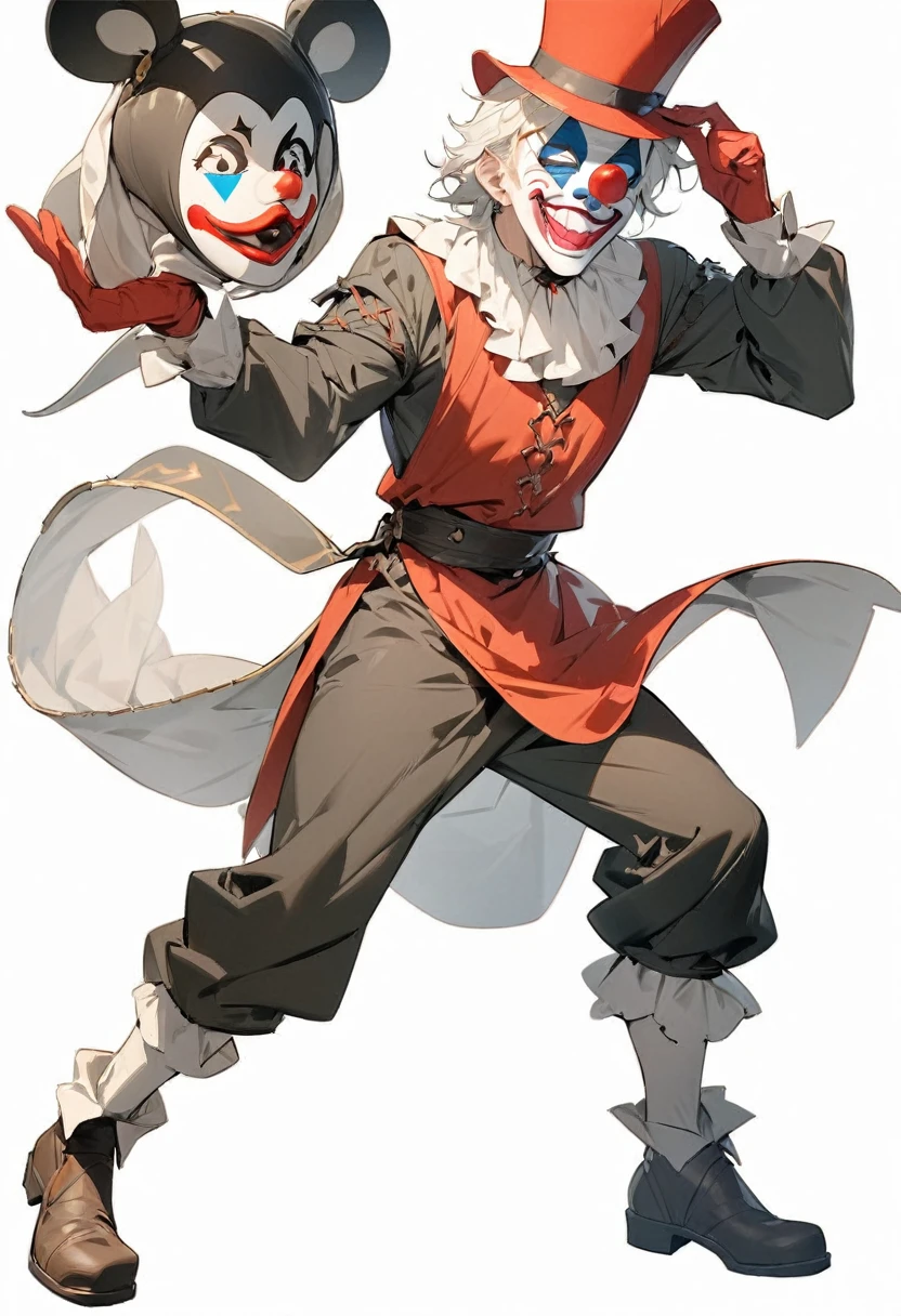 ({masterpiece}},{best quality,}，white background,full body，middle Ages,1man,clown mask，Top Hat，Lively，Handsome，Lean，({masterpiece}},{best quality}