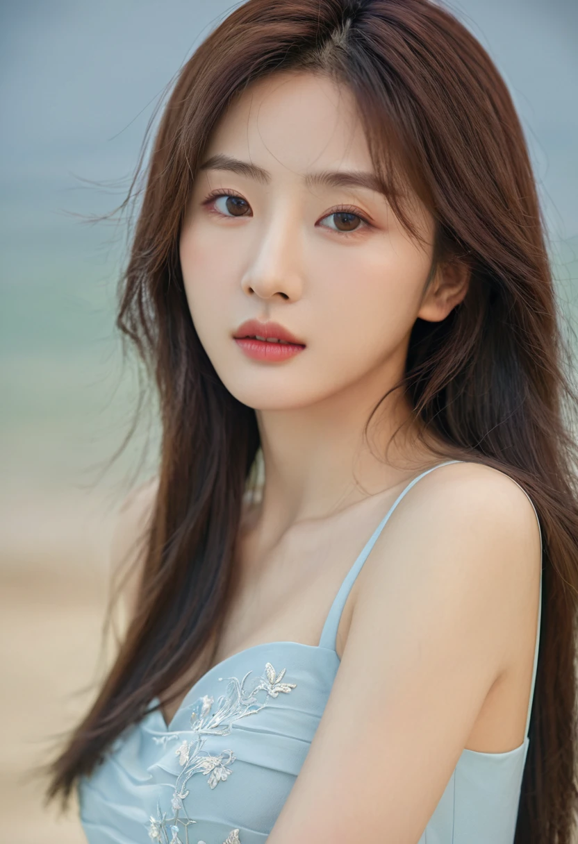 Realistic photos (1 lovely Korean actress) Long and straight hair, Light makeup, Medium breasts, Long skirt, close up, Canon EOS Clear Facial Features 8K High Resolution, Crisp details, Realistically
