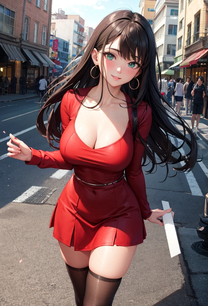 1 beautiful girl in a red dress walking down a street, anime girl, outdoor, street, walk, elegant walking, facing viewer, looking at viewer, head tilt, solo, red dress, long sleeves, dark brown hair, bangs, long hair, wavy hair, expressive hair, shiny hair, jewelry, aqua eyes, pupils sparkling, earrings, nervous smile, headband, pink flower in hair, green eyes, a bright face,  light smile, parted lips, nose blush, blush, lovely big round breasts, striped thighhighs, high detail, anime, dithering, pov, perspective, atmospheric perspective, panorama, Wide-Angle, f/1.8, 85mm, Sony FE GM, 8k, super detail, UHD, retina, masterpiece, accurate, anatomically correct, best quality, highres