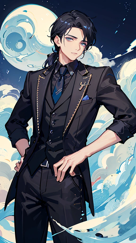 A man around 25 years old、A man with waist-length black hair tied back、Wearing a black suit、Eye color is a calm blue、Background starry sky