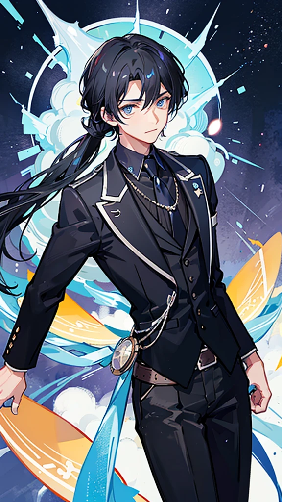 A man around 25 years old、A man with waist-length black hair tied back、Wearing a black suit、Eye color is a calm blue、Background starry sky