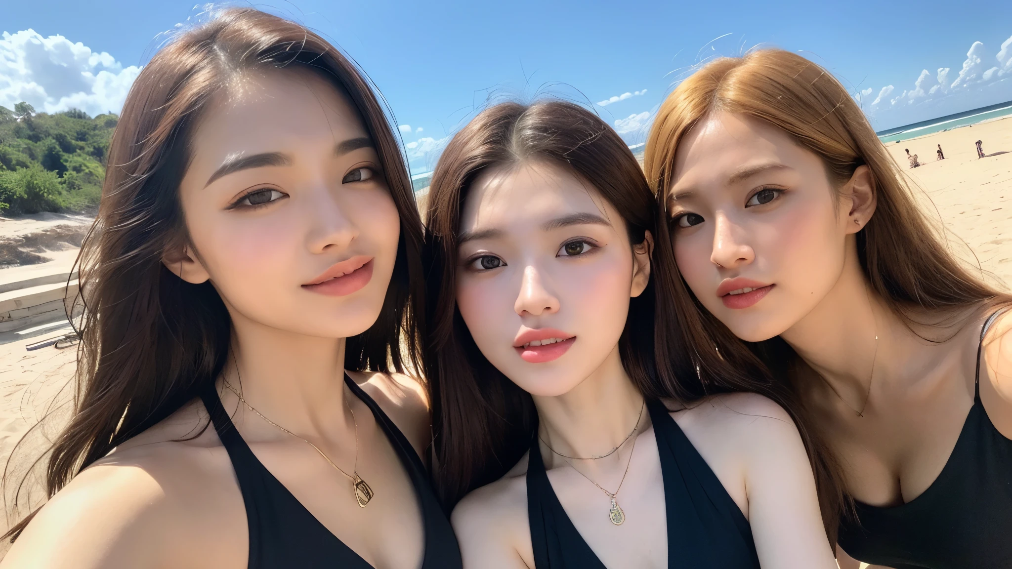 ((Photorealistic lighting, highest quality, 8k, masterpiece:1.3)), clear focus:1.2, viewer discretion advised (New South Wales) (New South Wales) (New South Wales):1.2, ((realistic)), ((natural light, highest quality)), model-like figure:1.4, (dark brown hair, chest out:1.2), short hair, setting, solo woman, (25 years old:1.3), highly detailed face, detailed eyes, double eyelids, necklace, wristband, eyeliner, colorful bikini, legs apart, sexy pose, (large), (black dress), (seaside, beach, sandy shore, drinking alcohol)