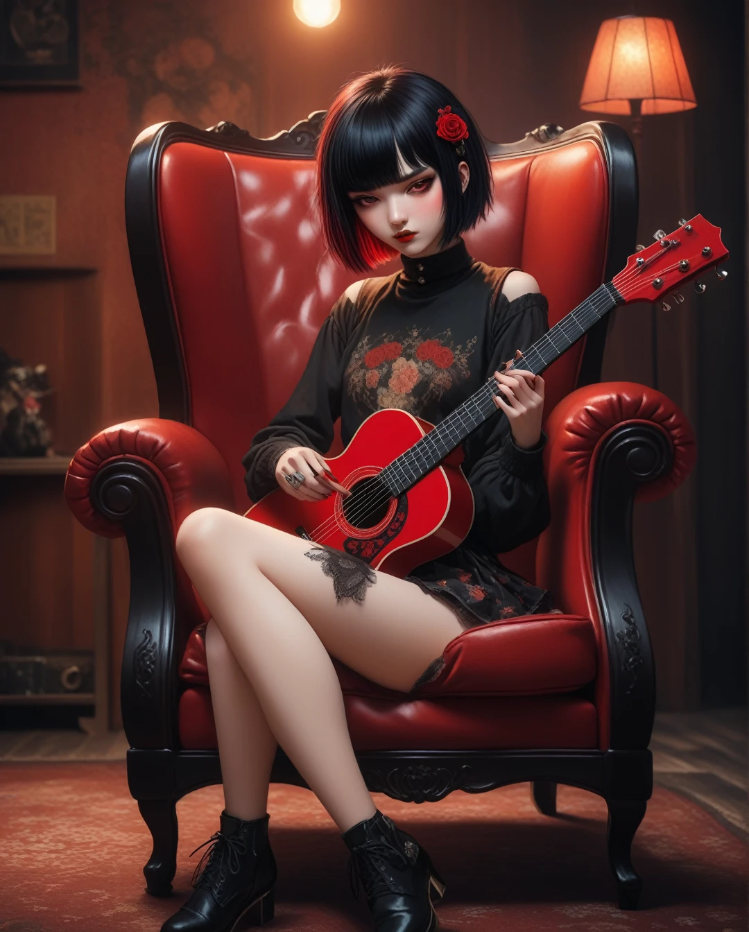 amano yoshitaka, Create a vintage-style anime illustration of an attractive emo girl with an intricate short black hair with red highlights and blunt bangs. She is sitting on a chair, holding a guitar, and dressed in an emo aesthetic. The scene should capture a nostalgic, retro vibe while maintaining the best quality and masterpiece-level detail. Render the image in 4K resolution, emphasizing the textures and colors that evoke a classic, timeless feel