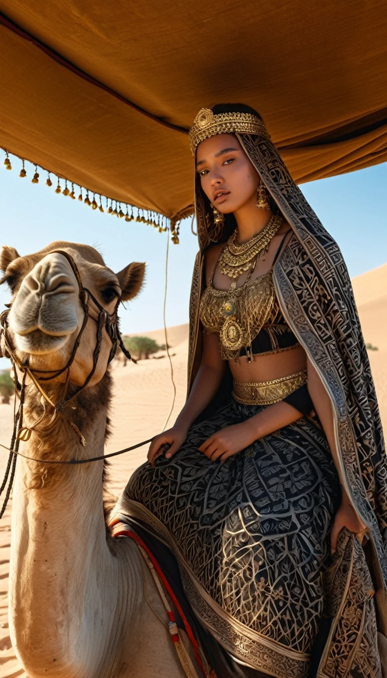 a beautiful ancient desert princess, 1girl, sitting on a camel on a seat with a canopy shielding her from the hot sun, extremely detailed face and eyes, long eyelashes, beautiful detailed lips, ancient clothing and decorations, realistic photo, cinematic lighting, dramatic shadows, detailed background, photorealistic, ultra-detailed, masterpiece, highres, 8k, best quality, beautiful ancient desert landscape, ornate golden jewelry, intricate headdress