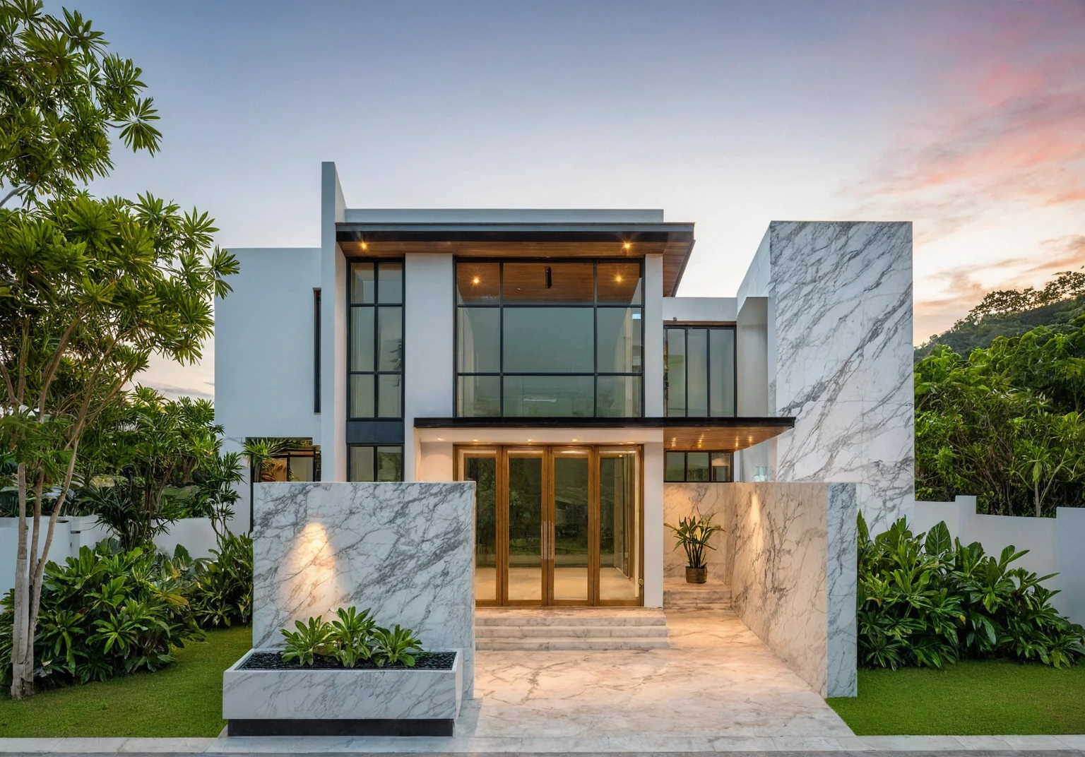 masterpiece, best quality, exterior design, (sunset), one-story modern house in Vietnamese village, marble, steel, modern light-colored granite facade and white walls, wooden ceiling , large glass, modern minimalist style, green shrubs and tropical plants background, large doors and windows.
