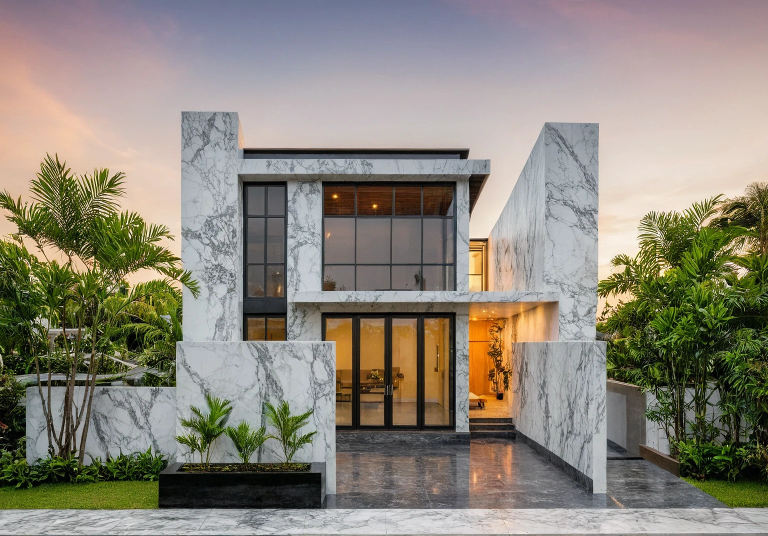 masterpiece, best quality, exterior design, (sunset), one-story modern house in Vietnamese village, marble, steel, modern light-colored granite facade and white walls, wooden ceiling , large glass, modern minimalist style, green shrubs and tropical plants background, large doors and windows.
