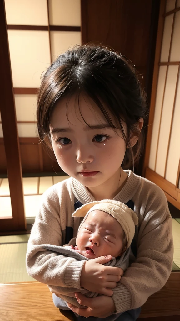 A baby is crying alone in a Japanese-style room