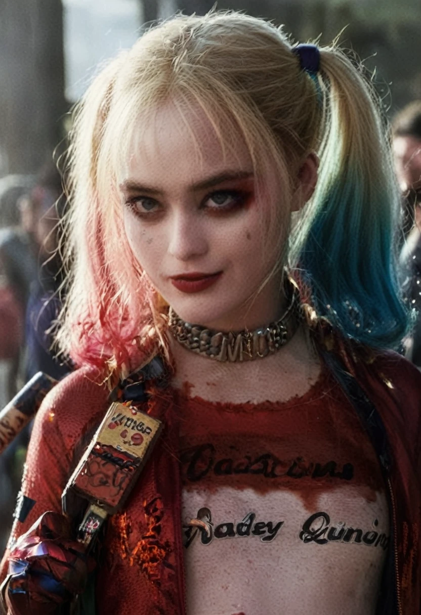 An illustrated movie poster of Kathryn Newton dressed as Harley Quinn, half-body close-up, wearing a red morph suit, f /2.8, cinematic, high quality, movie poster quality, skin texture, looking at the camera  hard shadows, graphite shading, stencil marks, airbrushed acrylic paint, masterpiece 