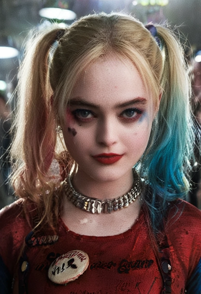 An illustrated movie poster of Kathryn Newton dressed as Harley Quinn, half-body close-up, wearing a red morph suit, f /2.8, cinematic, high quality, movie poster quality, skin texture, looking at the camera  hard shadows, graphite shading, stencil marks, airbrushed acrylic paint, masterpiece 