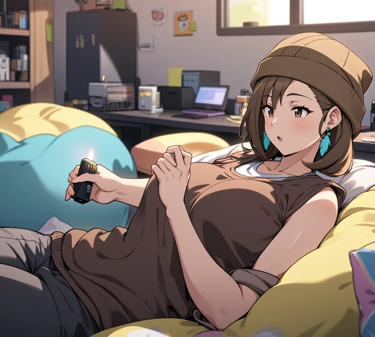 Adult female, mature, very short shaggy brown hair, wolf cut style hair, brown beanie, brown eyes, baggy hipster clothes, tanktop, hipster room, chill demeanor, nonchalant, neutral expression, one blue feather earring, leaning back on bean bag, holding lighter, fully clothed, highly detailed, specific detail, perfect detail, perfect eyes, perfect hands