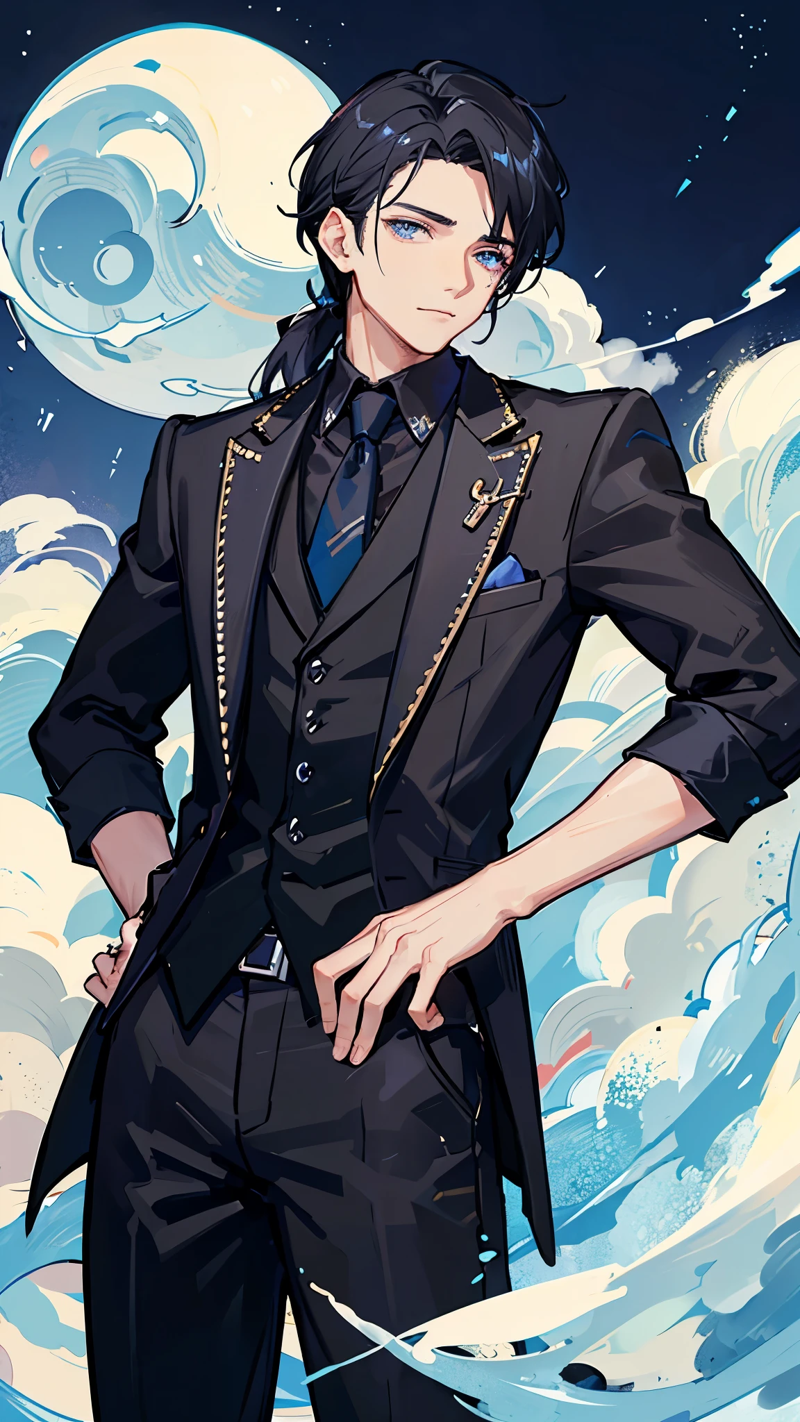 A man around 25 years old、A man with waist-length black hair tied back、Wearing a black suit、Eye color is a calm blue、Background starry sky