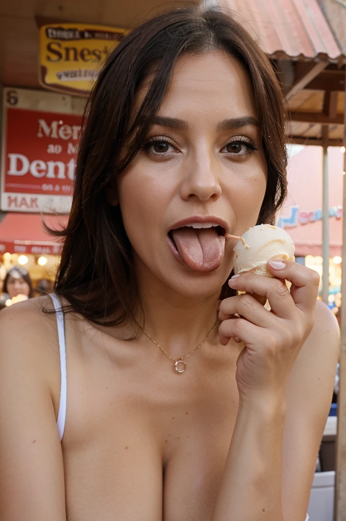 Pretty 40 year old woman, busty, who eats ice cream while sticking out their tongue