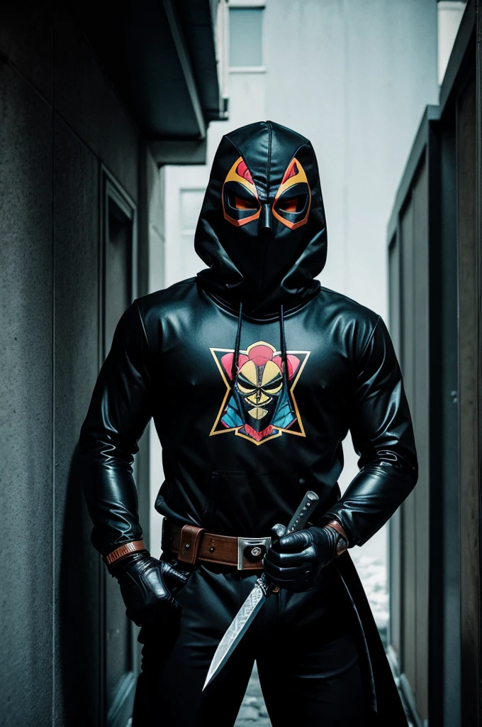 comic book illustration A masked figure lurking in the shadows, wearing a criminal ski mask, holding a knife. murder mystery aesthetic,comic book style, graphic novel artwork, in the style of Josan Gonzales, bold, dynamic, expressive, symmetrical, vibrant, tones of black