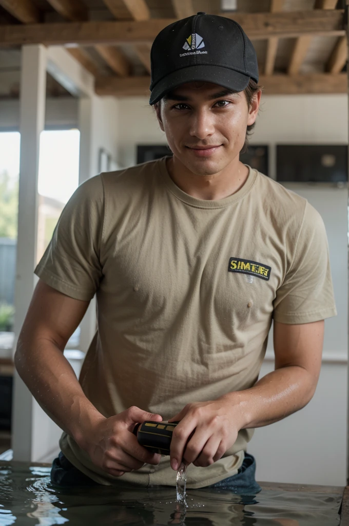 ((best quality)), ((masterpiece)), (detailed), ((1man)) facing the camera ,wearing cap ,(worker outfit)) , using water karcher , smirk