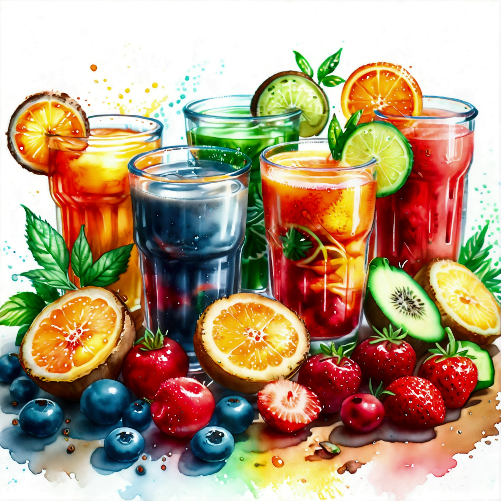 there are many types of colorful healthy drinks served in glasses, the glasses sitting on a surface, juices, smoothie and infused water , illustration, isolated with solid white background, surrounded with negative space, centered composition, highest detailed painting, very precise line, Isolated, clear solid white background, perspective angle of view, ((watercolor:1.5)), (lora:add-detail-xl:1), (masterpiece), (best quality), no bread on the floor, washed out color, (ghibli)