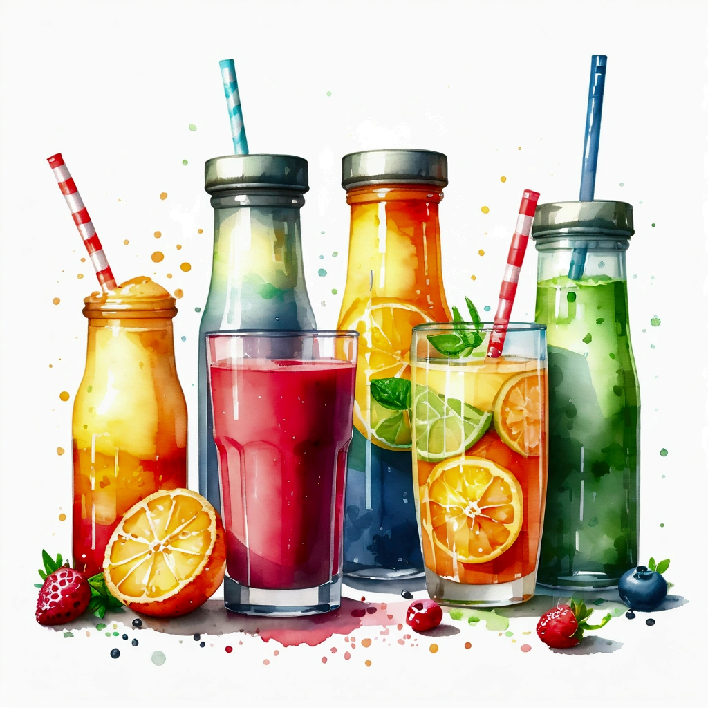there are many types of colorful healthy drinks served in glasses, the glasses sitting on a surface, juices, smoothie and infused water , illustration, isolated with solid white background, surrounded with negative space, centered composition, highest detailed painting, very precise line, Isolated, clear solid white background, perspective angle of view, ((watercolor:1.5)), (lora:add-detail-xl:1), (masterpiece), (best quality), no bread on the floor, washed out color, (ghibli)