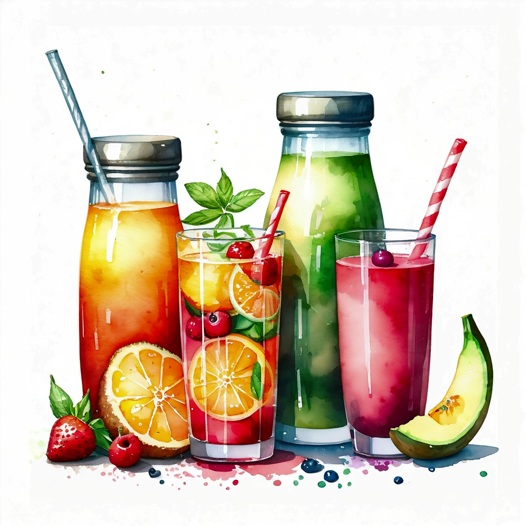 there are many types of colorful healthy drinks served in glasses, the glasses sitting on a surface, juices, smoothie and infused water , illustration, isolated with solid white background, surrounded with negative space, centered composition, highest detailed painting, very precise line, Isolated, clear solid white background, perspective angle of view, ((watercolor:1.5)), (lora:add-detail-xl:1), (masterpiece), (best quality), no bread on the floor, washed out color, (ghibli)