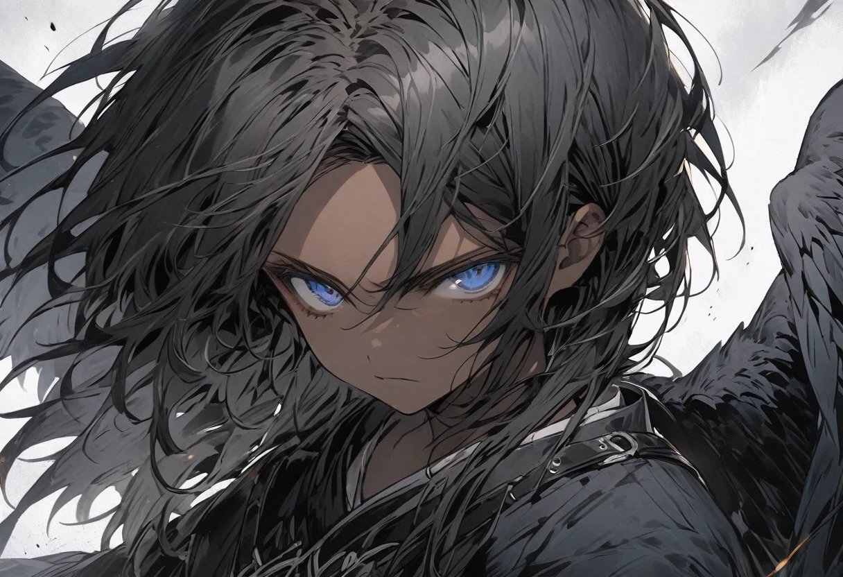 Wild Young Black Harpy Black Hair Black Wings Blue Eyes Gothic Sleepiness Pure Belt on torso Japanese anime hand drawn illustration whole body Character portrait Dark Skin serious Dark atmosphere Black waistband