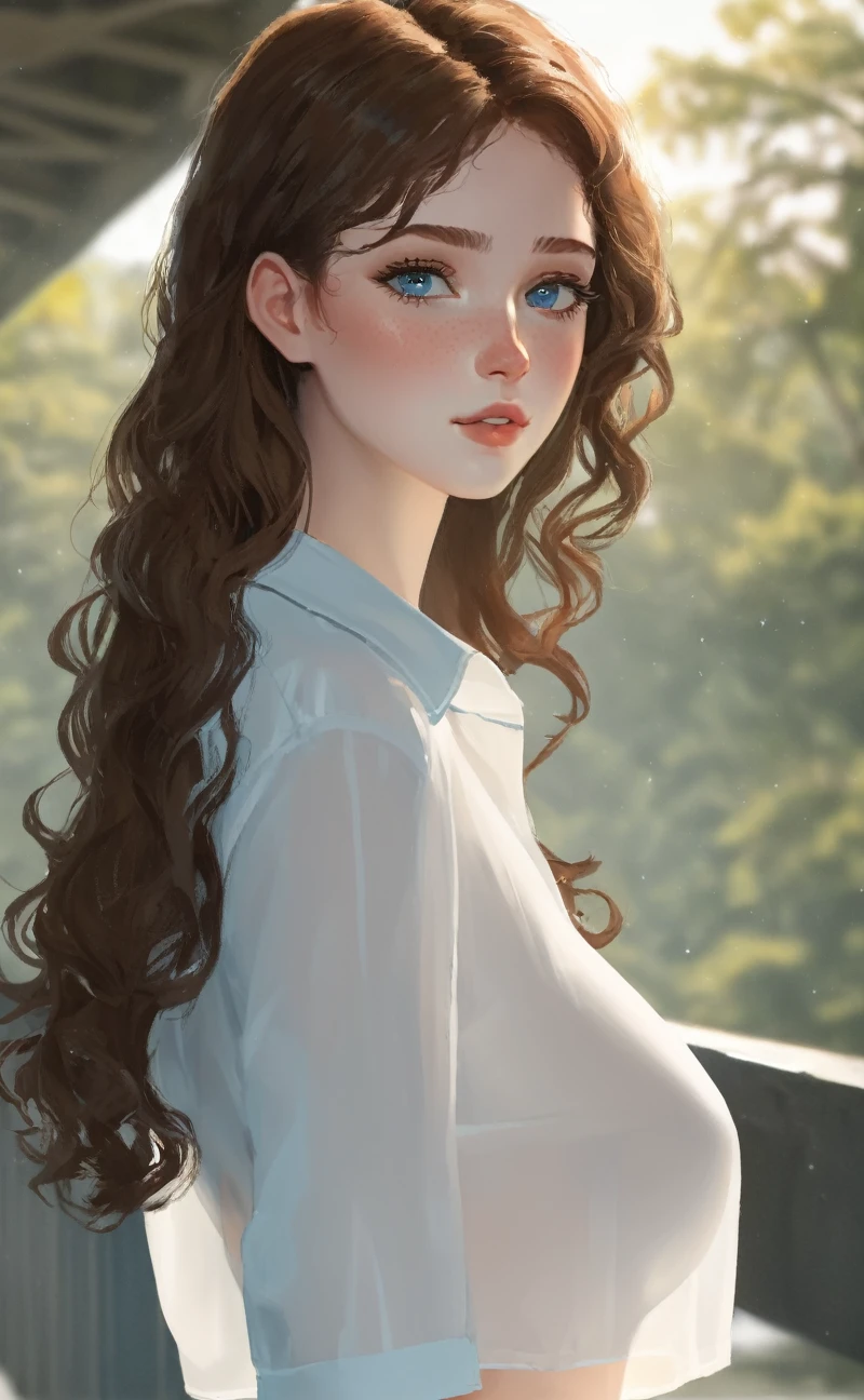 full body photo of beautiful age 23 girl, (very large detailed light blue eyes) and wavy brown hair, wearing a translucent white shirt, (very detailed textured skin), freckles over bridge of nose and cheekbones, very large and full lips, dslr, 8k, 4k, ultrarealistic, realistic, natural skin, textured skin ((profile)), breasts silhouette