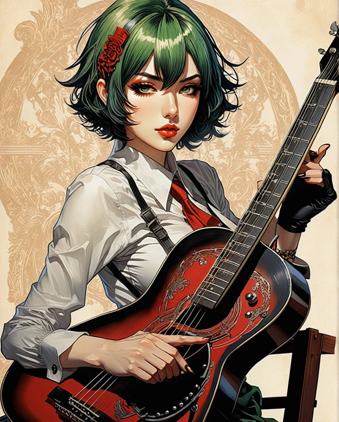 Create a vintage-style anime illustration of an attractive emo girl with an intricate short black hair with red highlights and blunt bangs. She is sitting on a chair, holding a guitar, and dressed in an emo aesthetic. The scene should capture a nostalgic, retro vibe while maintaining the best quality and masterpiece-level detail. Render the image in 4K resolution, emphasizing the textures and colors that evoke a classic, timeless feel, art by Masamune Shirow, art by J.C. Leyendecker,detailed hair, short hair, green hair