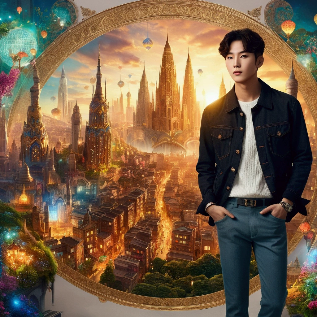 A handsome Korean man wearing trendy and cool clothes is standing in the middle captivating panoramic image of the city of Marwan. The city is shown in a fantastical style, with towering spires, enchanted forests, and magical creatures roaming the streets. The skyline is filled with vibrant colors, and the city is illuminated by a golden hue. The overall ambiance of the image is whimsical and enchanting, inviting the viewer to explore the wonders of this mystical city.