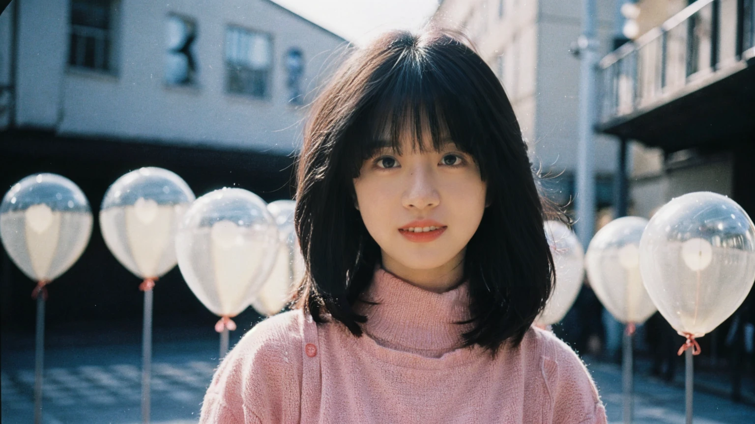 fashion portrait photo of beautiful young woman smiley from the 60s wearing a red turtleneck standing in the middle of a ton of white balloons, taken on a hasselblad medium format camera , akina nakamori , shadow and ligh