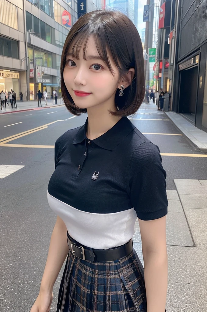 (8k, RAW photo, top quality, masterpiece: 1.2), (realistic, photorealistic: 1.37), three-dimensional, ultra detail, ultra high resolution, beautiful detailed face, one girl, beholder, constriction, slim waist, beautiful detailed skin, skin texture, floating hair, professional lighting, (Japanese beautiful and cute girl:1.2), long hair, bob cut, beautiful hair, 20 years old, attractive breasts, (round breasts:1.2), (huge breasts:1.5), (full body:1.4), standing, in the city sidewalk, (smiles:1.1), bracelet, earing, necklace, black mini pleated skirt, dark color cute belt, (blue cute polo shirt:1.2), shirts button full opened, (looking back:1.4)