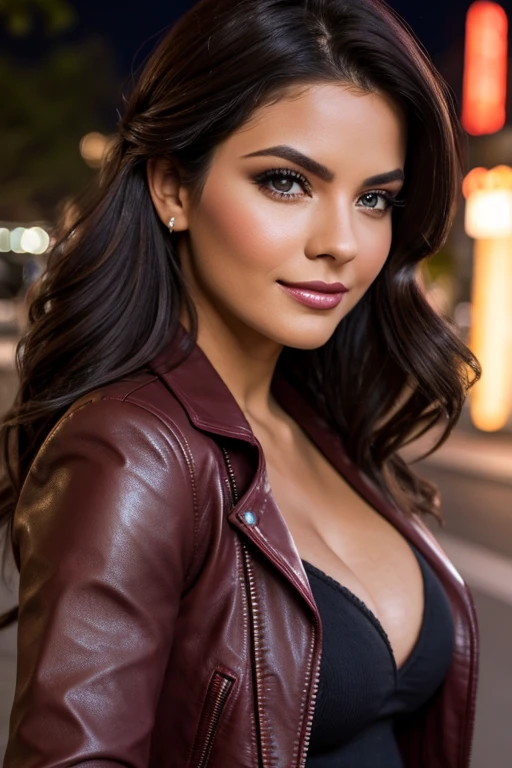 best quality, realistic, front pov, KristannaTX in a los angeles city street, (a female mexican supermodel), (sexy wine red leather jacket:1.1), cleavage, seductive smile, (dark hair), (updo hair:1.0), perfect eyes, sharp details, detailed face, face makeup, cheeks blush, eyeliner, eyeshadows, lip gloss, supermodel, (deep focus), (hard lighting), (night time), (realistic lighting:1.0)