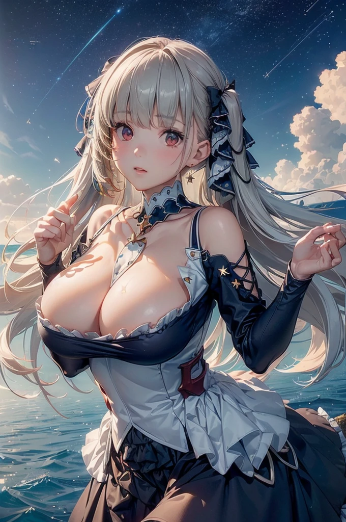 ((floating in the air))((dress_default, terrific_default, ornament_waist)):1.5,((独奏, 1girl)) ((masterpiece,Highest quality,Highly detailed images,Beautiful images、Realistic、Dutch Angle)),(Top-down angle image)、 (Bright lighting overall、Backlight、A fantastic atmosphere、Thick Fog、Dust flutters), ((Beautiful starry sky、shooting star、Ocean))、,(Sexy pose、Beautiful cleavage、huge breasts,