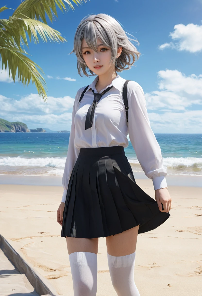 ((masterpiece)), ((best quality)), ((highres)), ((extremely detailed CG unity 8k wallpaper)), solo, tachibana kanade, tan , black skirt, white socks, outdoors, face, curtained hair, beach, parted hair, silver hair