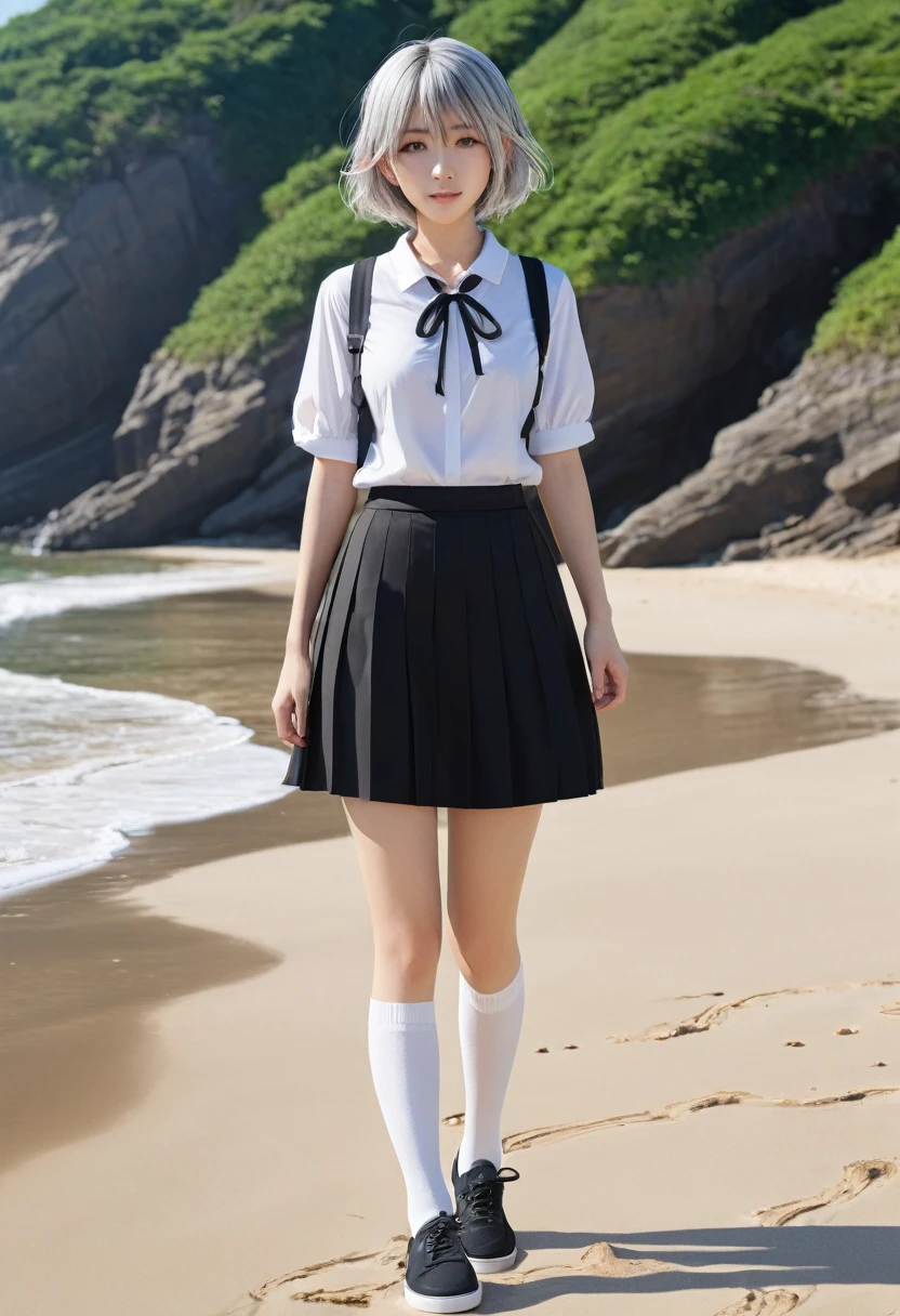 ((masterpiece)), ((best quality)), ((highres)), ((extremely detailed CG unity 8k wallpaper)), solo, tachibana kanade, tan , black skirt, white socks, outdoors, face, curtained hair, beach, parted hair, silver hair