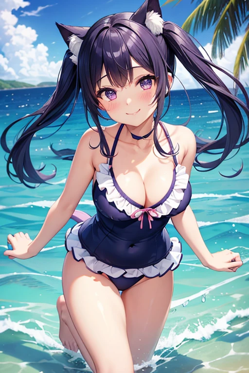 One woman,Twin tails,big tail,eye_purple,hair_Navy Blue,blush,cute,Beautiful Face,smile(輝くeye),Ocean,とびっきり楽しそうなsmile,Mouth wide open,Swimwear_light blue,Frills,Light effects
