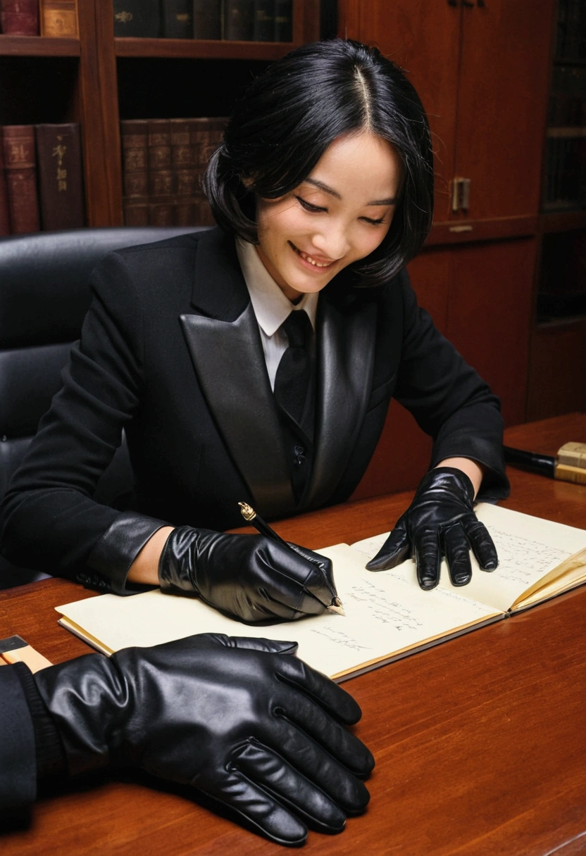 He wears black leather gloves on both hands, Upper Body, Black business suit, At a desk in a modern study in the dark, Looking down and smiling, Use a fountain pen to write a letter, Length of time holding the wiener, Straight black hair, Young Japanese Woman (Black leather gloves covering both hands)
