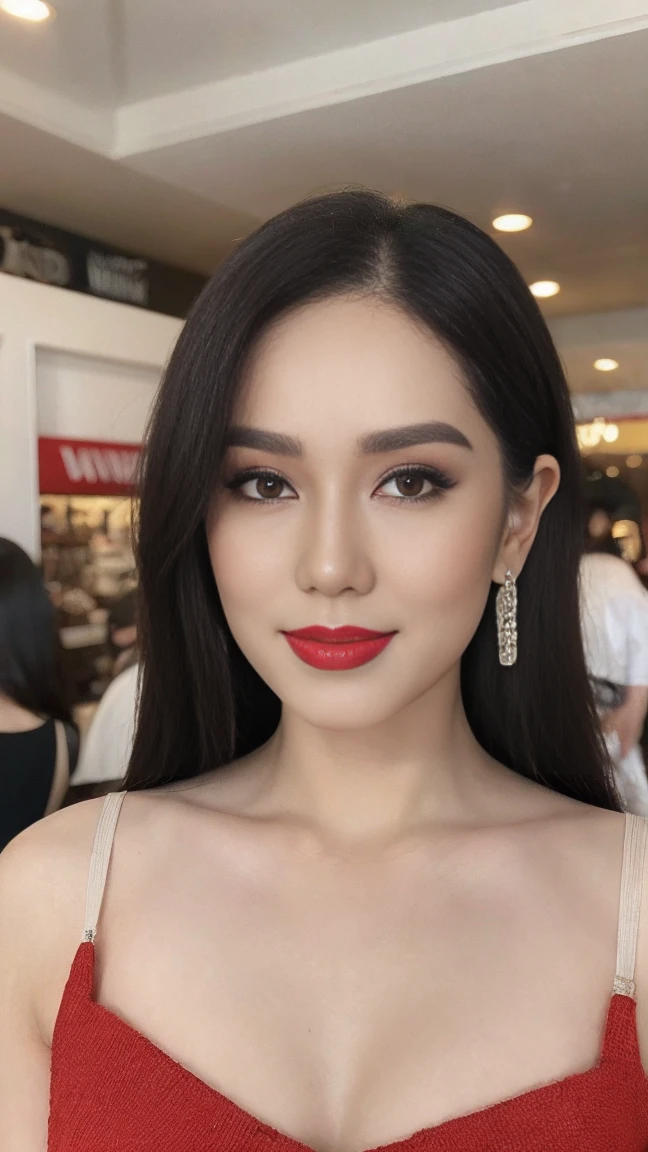 instagram photo, closeup face photo of 20 y.o Chloe in kebaya, Red Lipstick, sensual Lipstick, Sensational Make Up, cleavage, pale skin, (smile:0.4), hard shadows, Red G-STRING, bright lighting