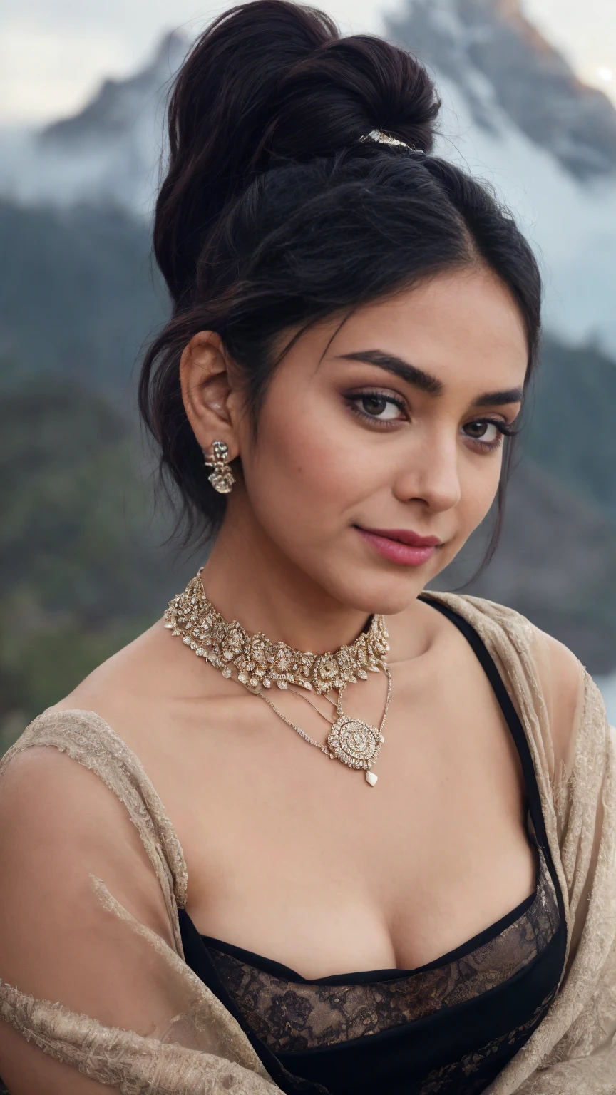 from top view, extreme close up photo of cute sexy indian, big cheeks, hourglass figure, swooping breasts, seducing on mountains, ponytail, necklace, sultry, seductive eyes, look at viewer and subtle smile, black lace night dress, (cinematic:1.3), intricate details, (ArtStation:1.2)