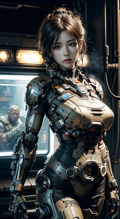 Textured skin, Super detail, High details, High quality, Best quality, A high resolution, 1080p, hdd, A beauty、She wears a futuristic war machine mech(Gears of War) big tits , huge