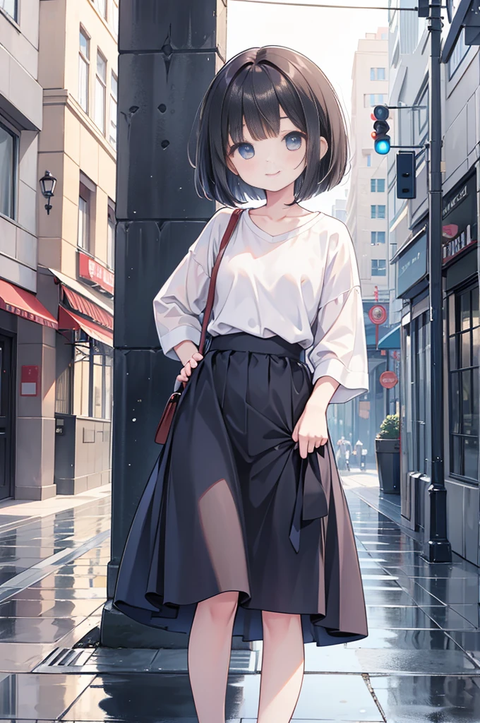 Highest quality、Highest Resolution、Highest quality、8K、Beautiful woman、cute、Bob Cut Hair、Dark Hair、Casual clothing、smile、Smile、rain、Walking around the city、