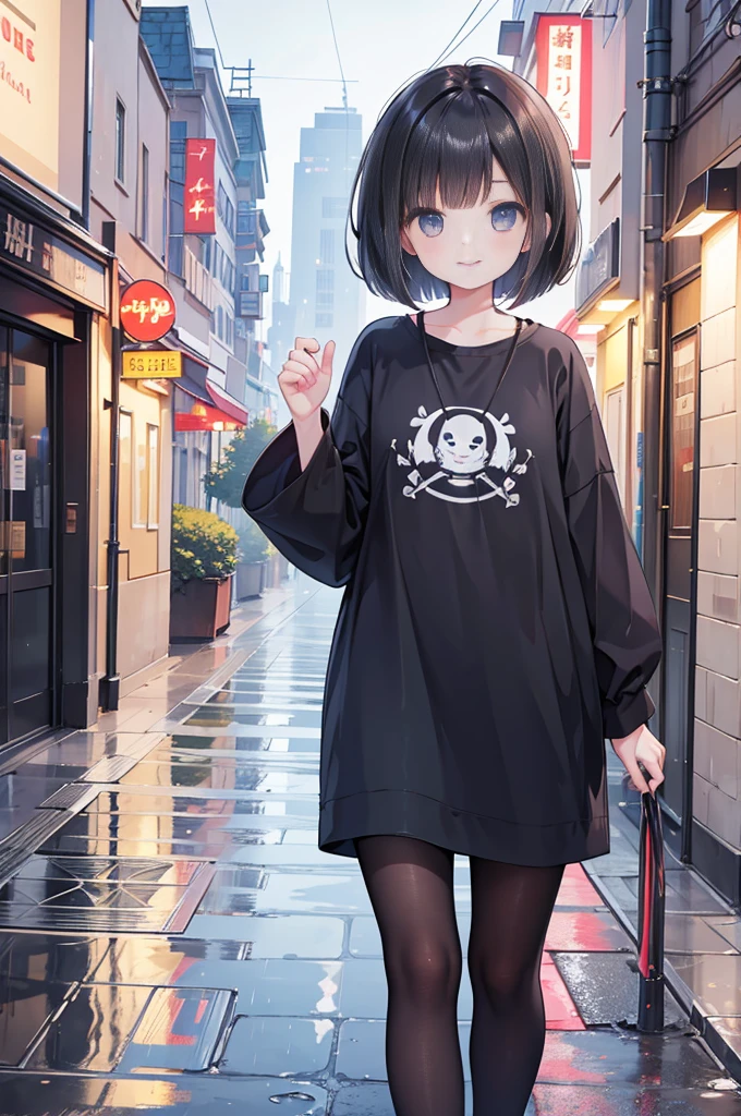 Highest quality、Highest Resolution、Highest quality、８Ｋ、Beautiful woman、cute、Bob Cut Hair、Dark Hair、Casual clothing、smile、Smile、rain、Walking around the city、