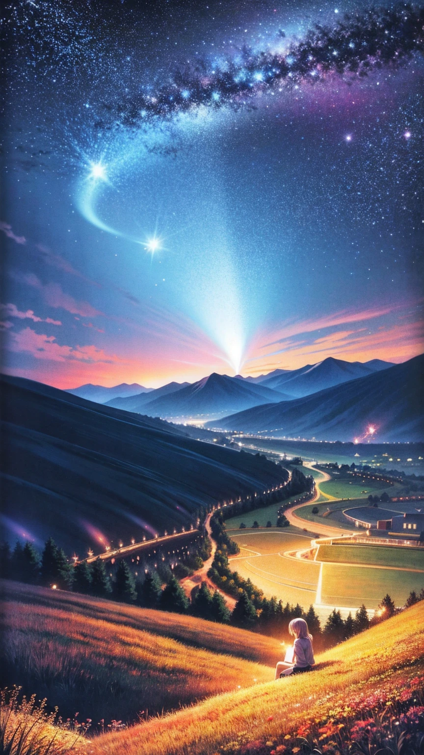 anime-style illustration, A scene of a young woman sitting on a hill, small luminous flowers, fireflies, magical light, overlooking a mountain valley and a magnificent royal castle, clear blue sky, some stars. art style: highly saturated and vibrant color style, intense and rich colors vivid. rendered with strong exaggerated colors that enhance the natural beauty, The atmosphere is full of magical color films, High Detail, best quality, 4K.