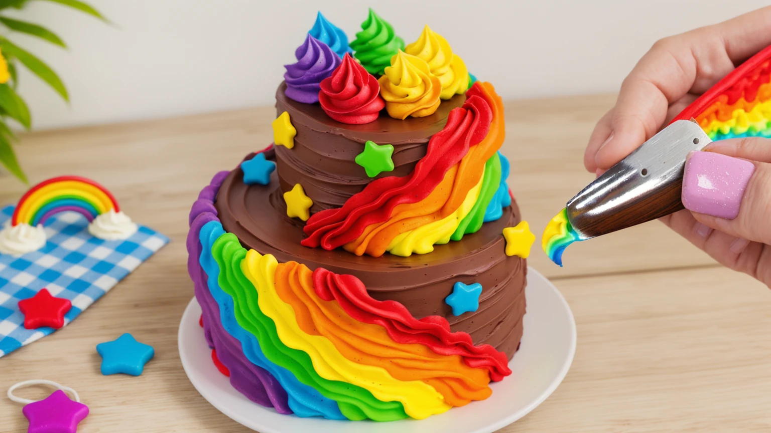 on a wooden table. there is a white plate. double tier chocolate cake ((chocolate cream texture, strokes of a pastry spatula)), rainbow cream in stitches, decorated with rainbow stars made of polymer clay, multi-colored cream on top ((cream highlights)), Beautiful light from the window, on a wooden table лежит скатерть голубая в клеточку. there is a rainbow made of polymer clay on the tablecloth. Nearby on the table lie multi-colored stars made of polymer clay. contour light, Multiple light sources, beautiful lighting, Bright light source, bright lighting, beautiful light sources, Multiple light sources, Realistic style , realistic texture, detailed texture, A high resolution, high quality, macro photography 