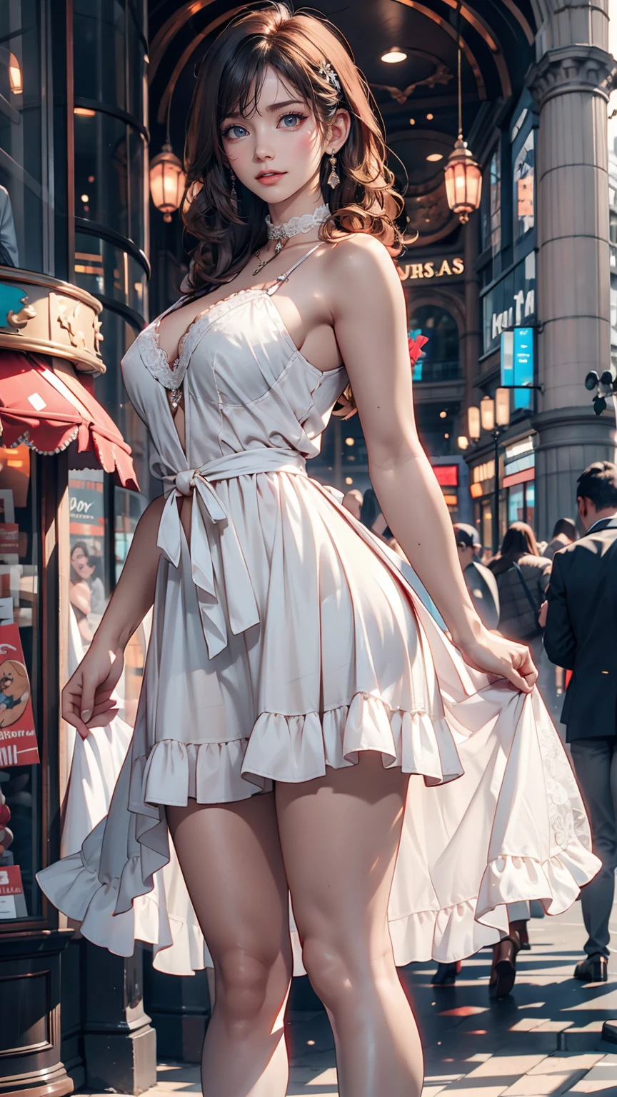 Light blue hair, Turquoise Eyes, Long eyelashes, Big Red Lips, Apricot-colored eyes, beauty, Girlish, Curly Hair, Princess、Sexy proportions、Sexy、Narrow waist、Lace-embellished summer dress、Stiletto heels、Lace choker、Champs-Élysées((Champs-Élysées))、Bright sunshine、mature female body